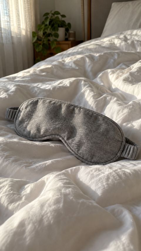 A soft sleep mask on rumpled bedding in morning light