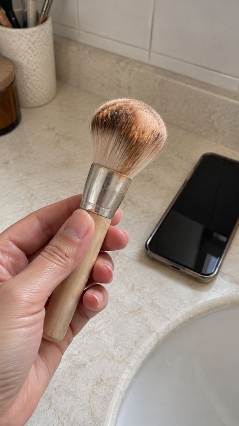 A hand holds a stained makeup brush beside a phone