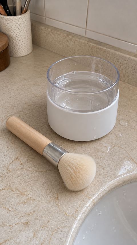 A clean brush resting beside a white device on a counter