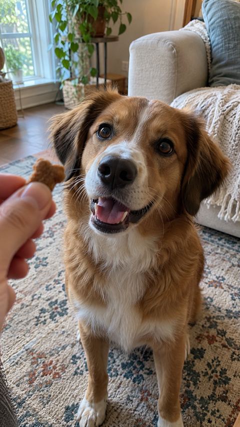 A hand offers a chew to a dog